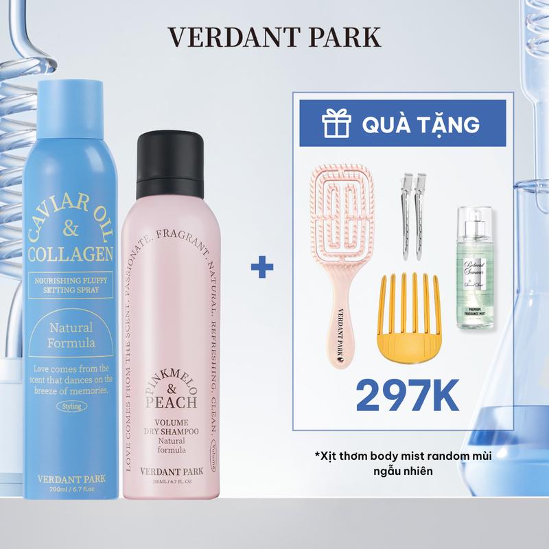 Combo xịt dưỡng giữ phồng tóc và xịt khô phồng tóc VERDANT PARK gel tạo kiểu tóc lâu bết giữ nếp tóc không gây cứng tóc Caviar Oil & Collagen Nourishing Fluffy Setting Spray dầu gội khô kiềm dầu lâu bết Pinkmelo Peach Verdantpark COMBO83 COMBO84