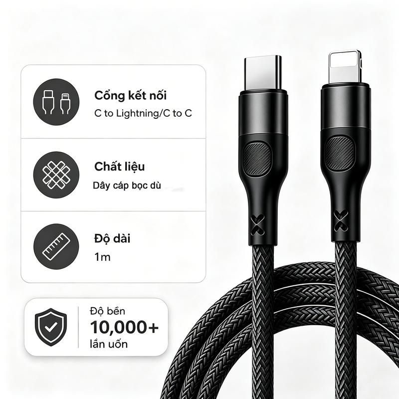 Cáp sạc nhanh PD27W, dùng được từ iP 6 đến 17, vỏ dù dệt chắc, độ bền kéo gấp 3 lần, sạc ổn định