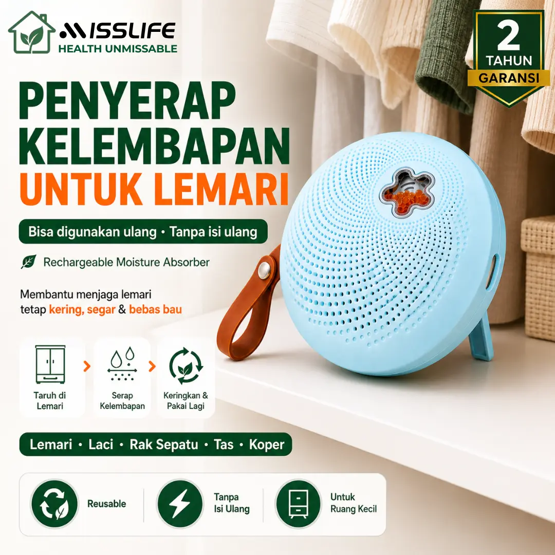 MISS LIFE Dehumidifier Mini Portable Penyerap Lembab Lemari Anti Jamur Bau Apek, Reusable Rechargeable untuk Lemari Pakaian Laci Rak Sepatu Koper Mobil Kamar Mandi, Penghilang Lembab Tanpa Refill Desain Gantung Garansi 2 Tahun Dry Pod