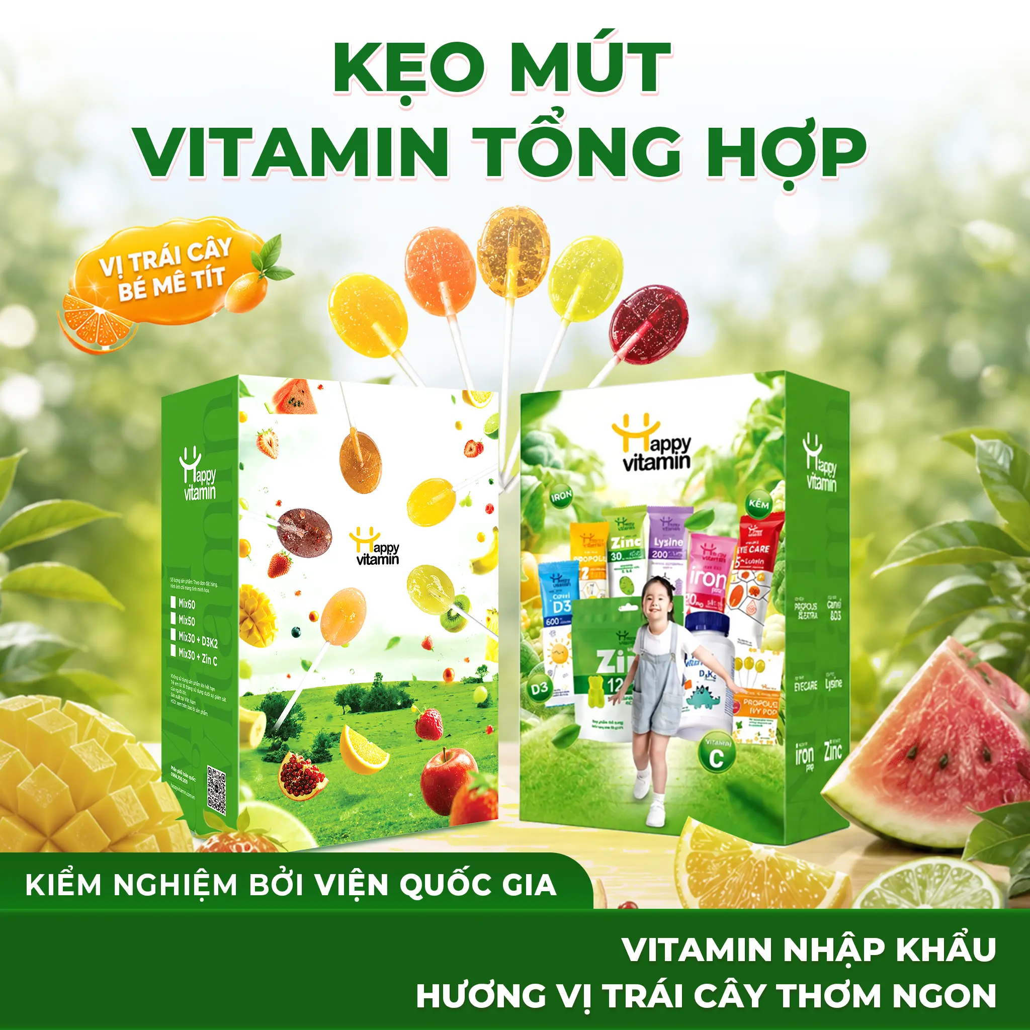 Hộp kẹo Vitamin Tổng Hợp - Happy Vitamin - Bổ sung Sắt, Kẽm, Canxi, Lysine, Keo Ong Cát cánh Lê Gừng - Date Mới Nhất