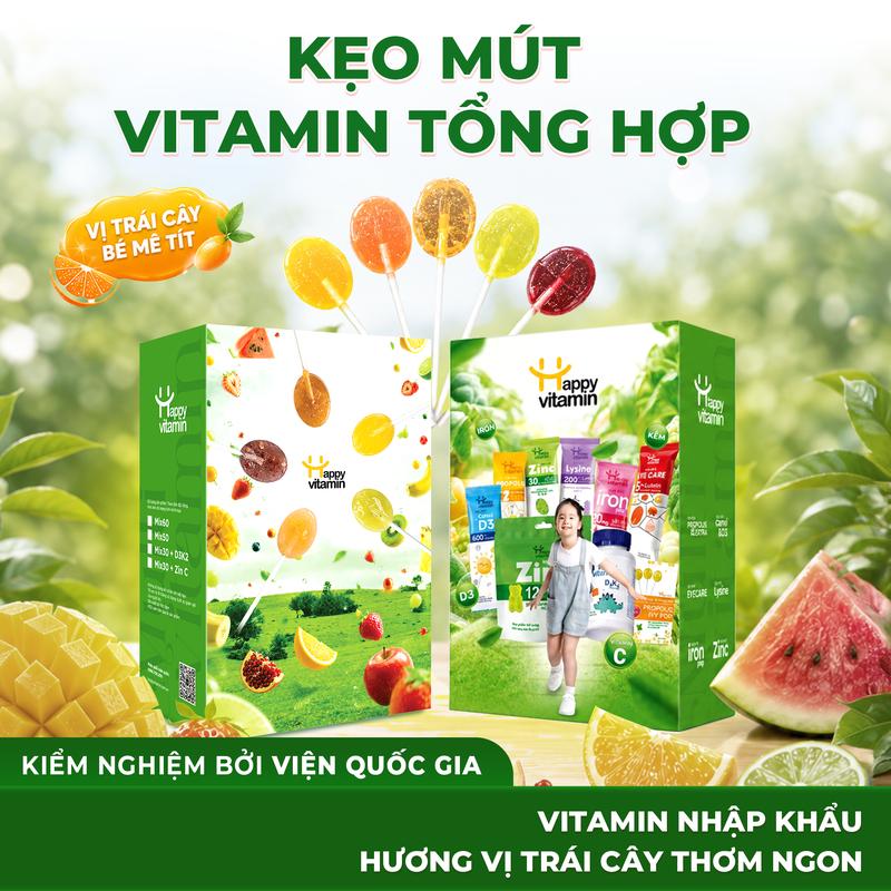 Hộp kẹo Vitamin Tổng Hợp - Happy Vitamin - Bổ sung Sắt, Kẽm, Canxi, Lysine, Keo Ong Cát cánh Lê Gừng - Date Mới Nhất