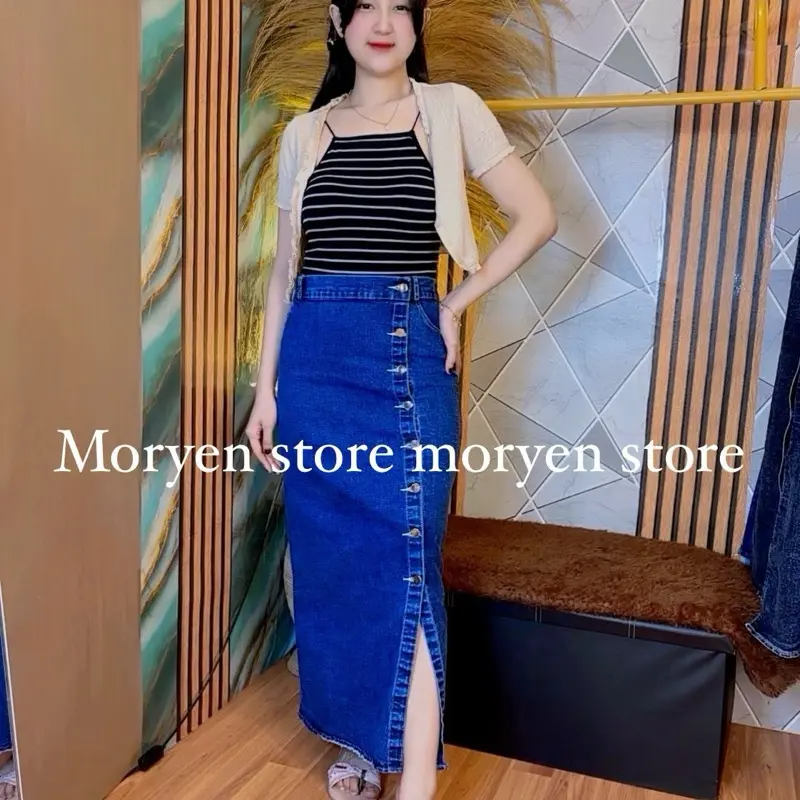 (EXCLUSIVE CI FEBY X MORYEN) rebecca rok jeans panjang rok jeans kancing belah depan rebeca rok skrit jeans span kamila rok jeans wanita berhijab 5