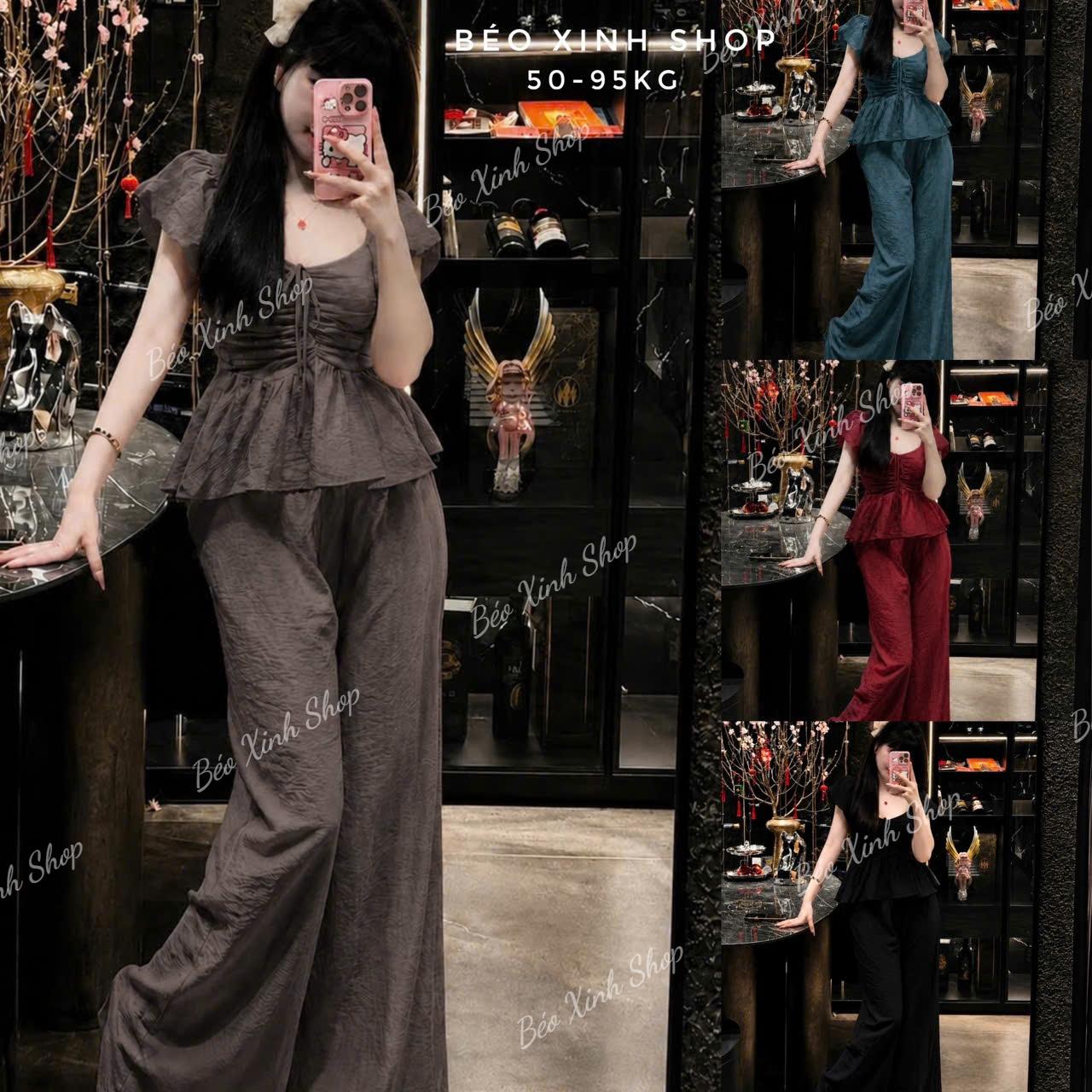 Set Nữ Bigsize Áo Babydoll Rút Dây Ngực Phối Quần Dài Suông, Lưng Bo Chun Sau Che Dáng 50-95kg - A.1844