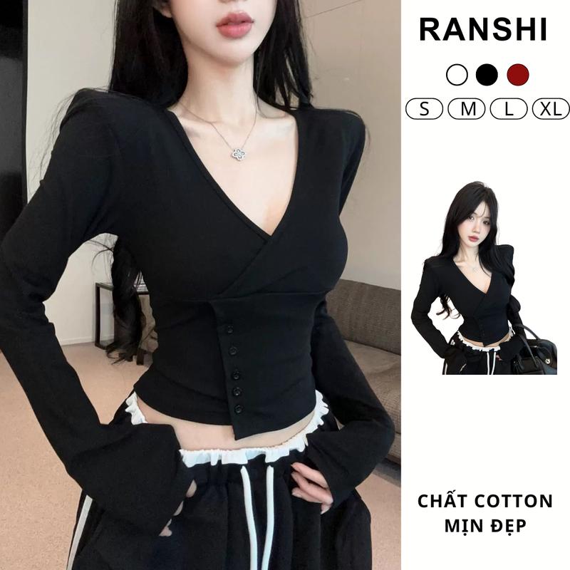 MỞ BÁN Áo Thun Croptop Nữ Dài Tay Cổ Chữ V Vạt 2 Lớp Ôm Body RANSHI Gợi Cảm Tôn Dáng Chất Thun Cotton Mềm Mịn Co Giãn - RA348 Women Top