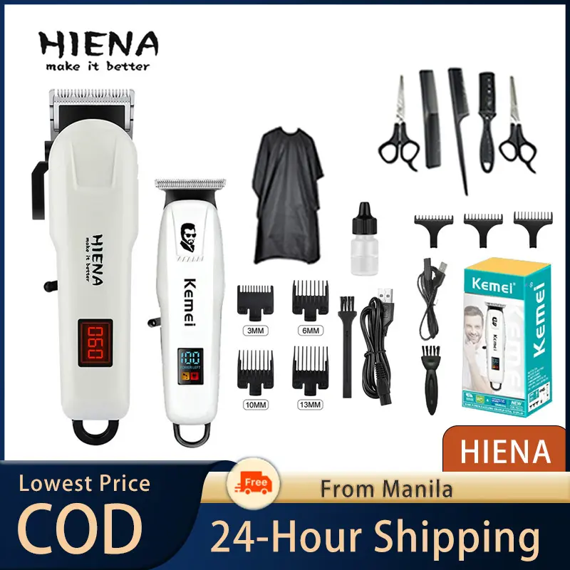 【COD】HIENA Men's hair clipper T-shaped blade trimmer set, men's professional cordless hair clipper set, with LED Stainless Clear