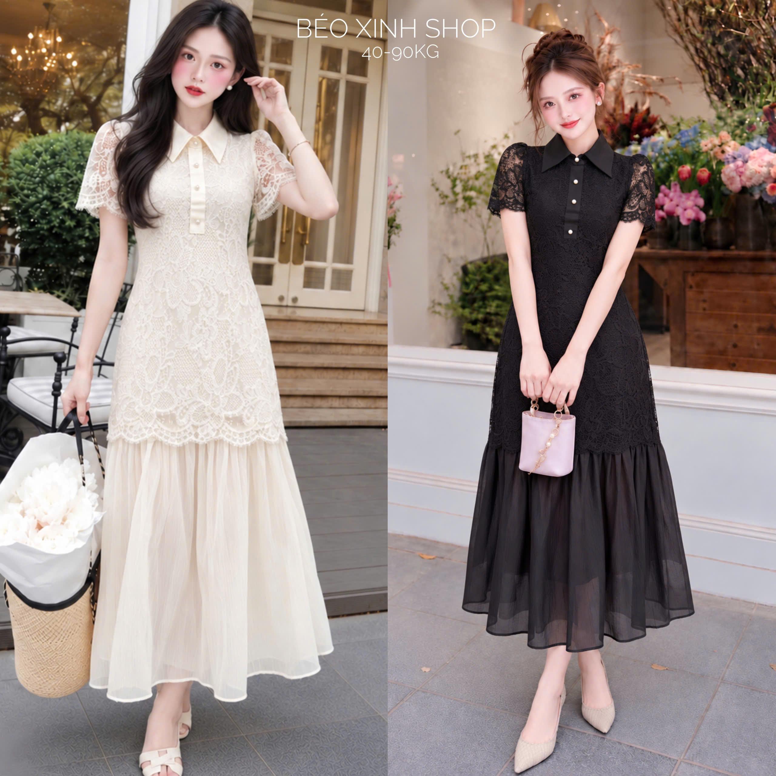 Đầm Ren Nữ Cổ Sơ Mi Phối Voan Dáng Dài Thanh Lịch Bigsize 40–90kg Béo Xinh Shop - A.1902