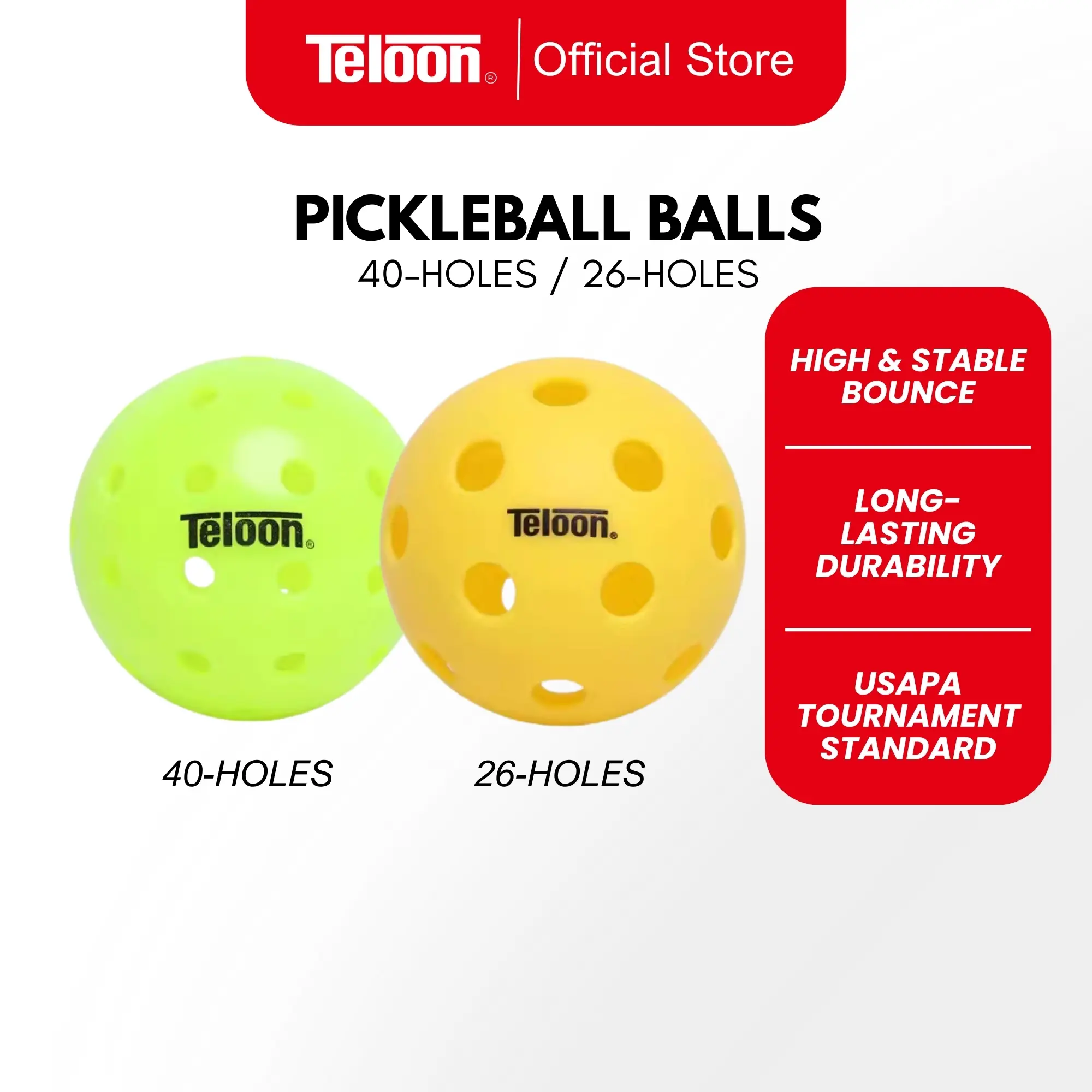 Teloon Bola Pickleball Kuning USAPA & IPF Approved Diameter 74mm Berat 22-27g Rebound 76-86cm untuk Latihan dan Pertandingan Indoor dan Outdoor