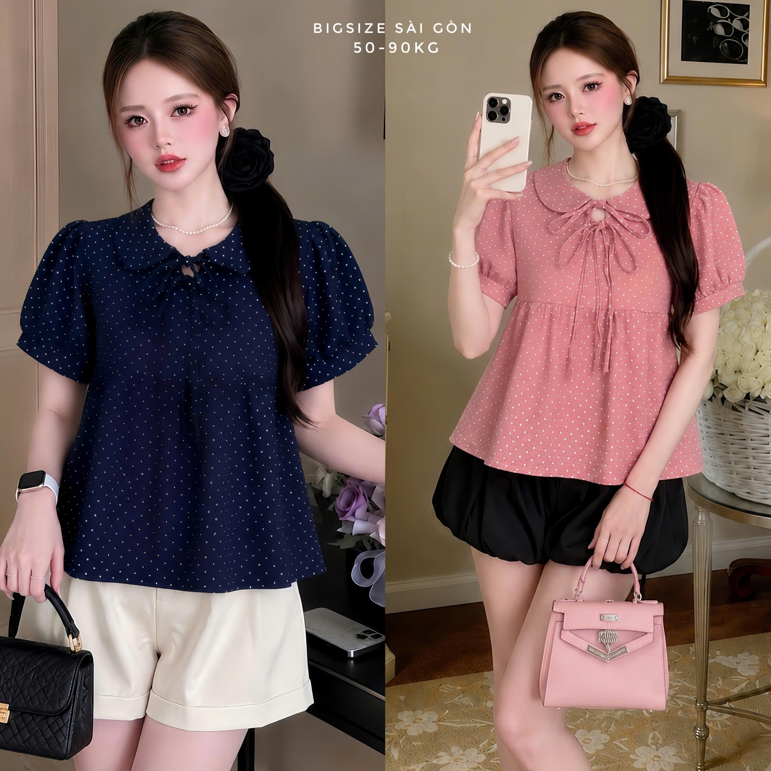 Áo Sơ Mi Nữ Chấm Bi Cổ Nơ Tay Phồng Form Babydoll Có Bigsize 50–90kg - A.1871