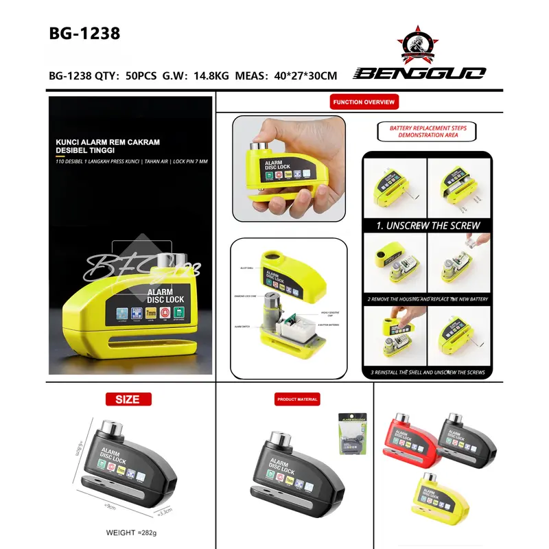 Gembok Alarm Kunci Cakram Alarm Diameter Inner 7 mm Baja Anti Air Motor Sepeda Kunci Ganda Anti Maling Kunci Cakram 5