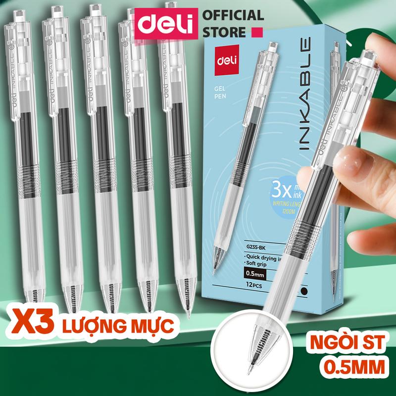 Bút gel bấm khô nhanh tăng gấp 3 lượng mực Deli EG235 - Viết được 1200m mực gel ra đều viết đẹp khô nhanh Ngòi ST 0.5mm có nắp cài dành cho học sinh văn phòng