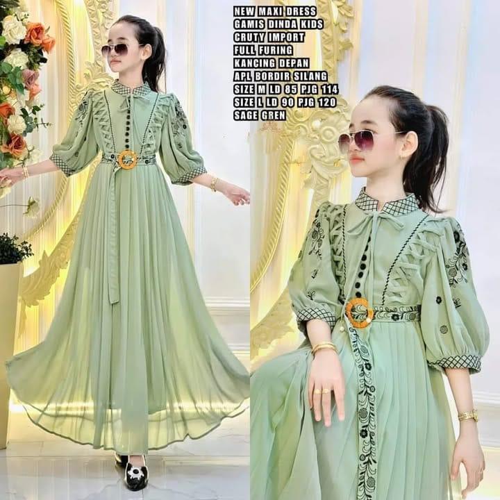 Dinda Kids Gamis Muslim Cantik Mewah Anggun Bahan Ceruty Baby Doll Aplikasi Bordir Dress Muslim Terbaru Baju Wanita Lebaran Syari Remaja Pesta Crinkle 2