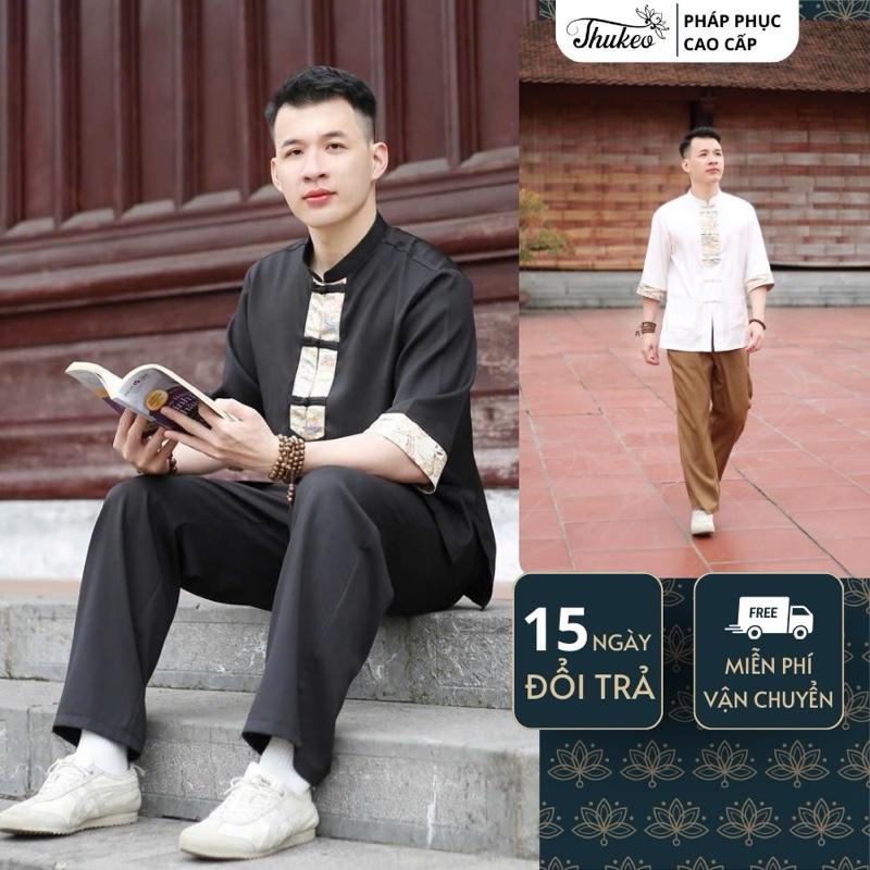   MA73 Pháp phục đi chùa THUKEO mẫu đũi nam thêu gấm mới tay lỡ 