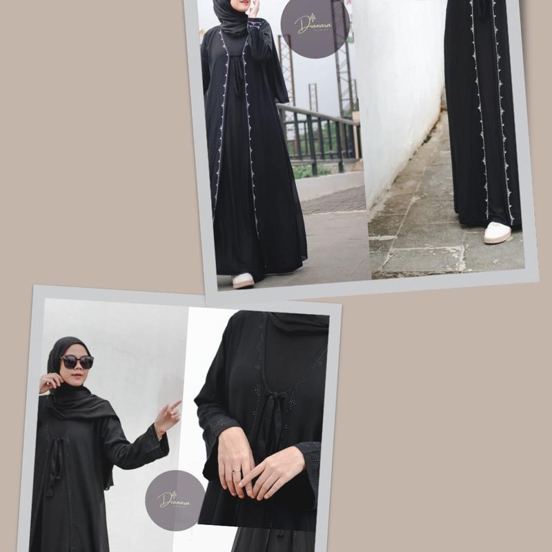 ABAYA NAZIRA FULL HITAM  mote swarosky Hitam Polos terbaru 2024 Mutiara Muslim Wanita Bordir Ceruty 2
