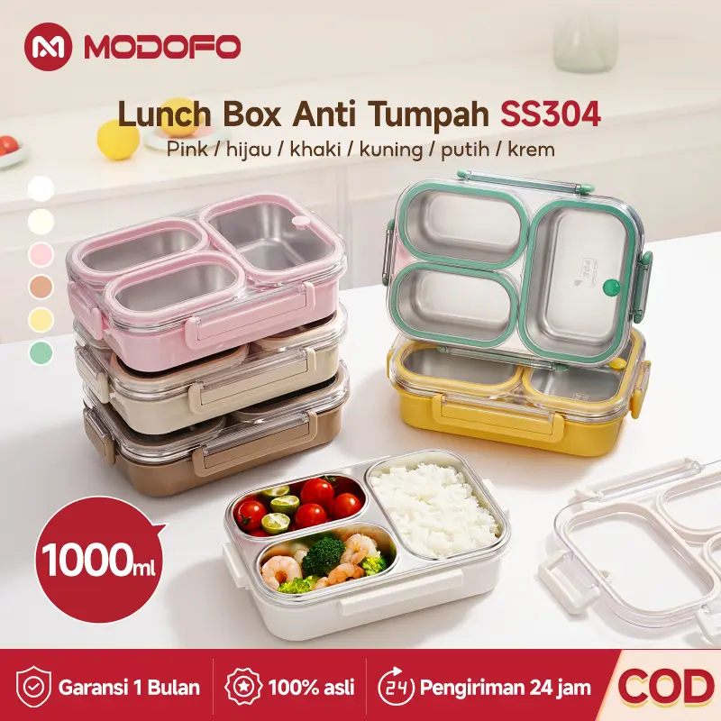 【Fenihome】MODOFO Lunch Box Kotak Makan Lunch Box Stainless 304 Kotak Bekal Anti Tumpah Tempat Bekal Makan 1000ml Tempat Makan Stainless Lunch Box Kotak Bekal Anti Tumpah Kotak Makan Stainless Tempat Bekal 3 Partisi17