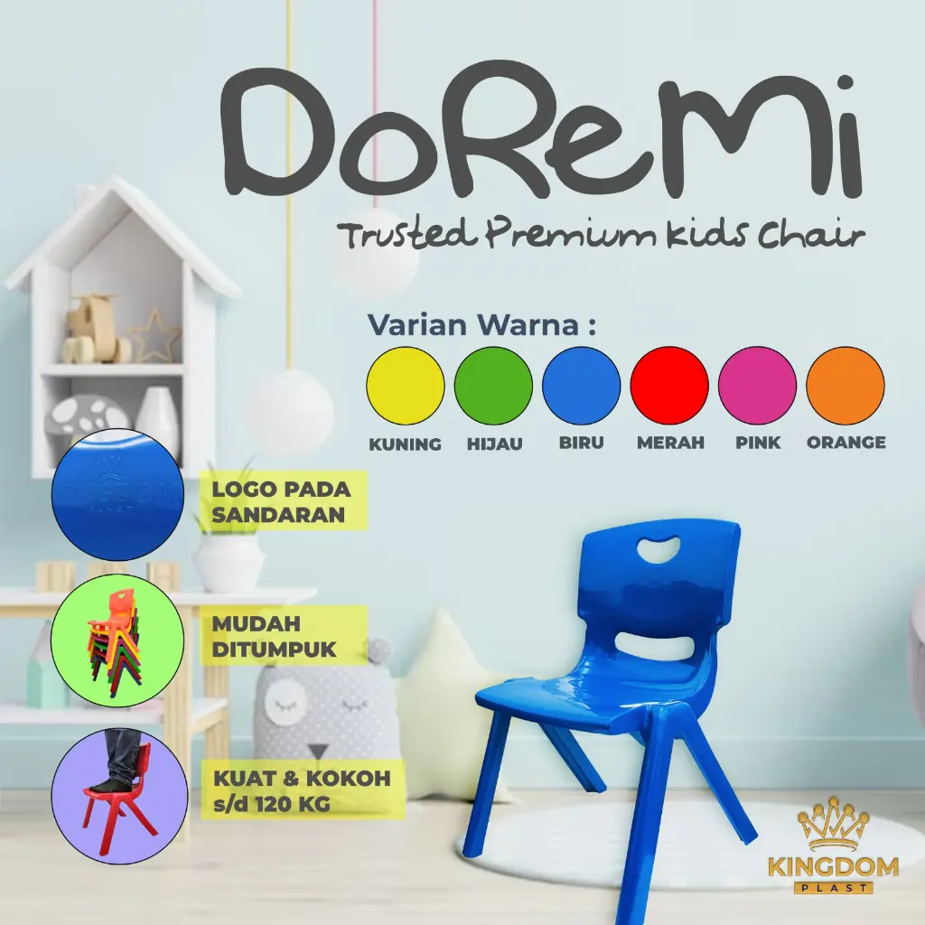 DoReMi Kursi Anak Plastik Bangku Belajar PAUD TK Kuat Warna Warni Biru Logo Sandaran Mudah Ditumpuk Kingdom Plast