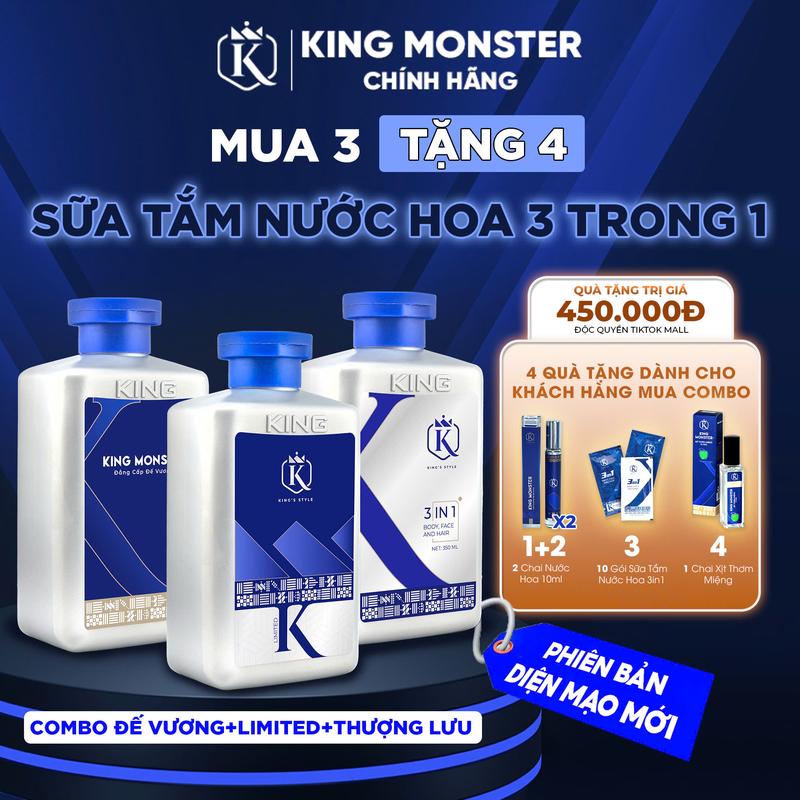[Mua 3 Tặng 4] Combo 3 chai sữa tắm gội nam 3in1 KingMonster dung tích 350ml (Tặng 2 Nước Hoa + 1 Dây 10 Gói  + 1 xịt thơm miệng )