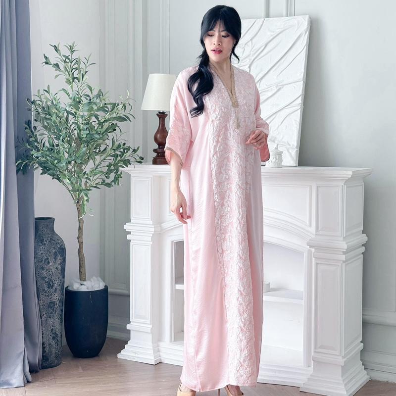 Vay Abaya Satin Soft Pink | Kaftan Abaya Dress Satin Wanita Lebaran Terbaru 3