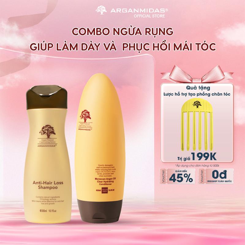 Bộ Đôi Dầu Gội ngừa rụng 300ml và Dầu Xả 450ml Arganmidas – Hỗ Trợ Ngăn Rụng, Kích Mọc Tóc, Dưỡng Ẩm, chứa hà thủ ô Tự Nhiên