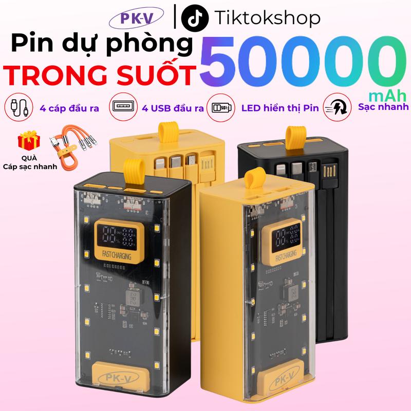 (Tặng cáp 3 đầu)Sạc dự phòng tên 50000mAh TRONG SUỐT Hỗ trợ sạc nhanh có thể lên tới 22,5W, 4 đầu ra Tích hợp 2 cổng sạc đầu ra  Sạc Pin có đèn cho tất cả các dòng điện thoại