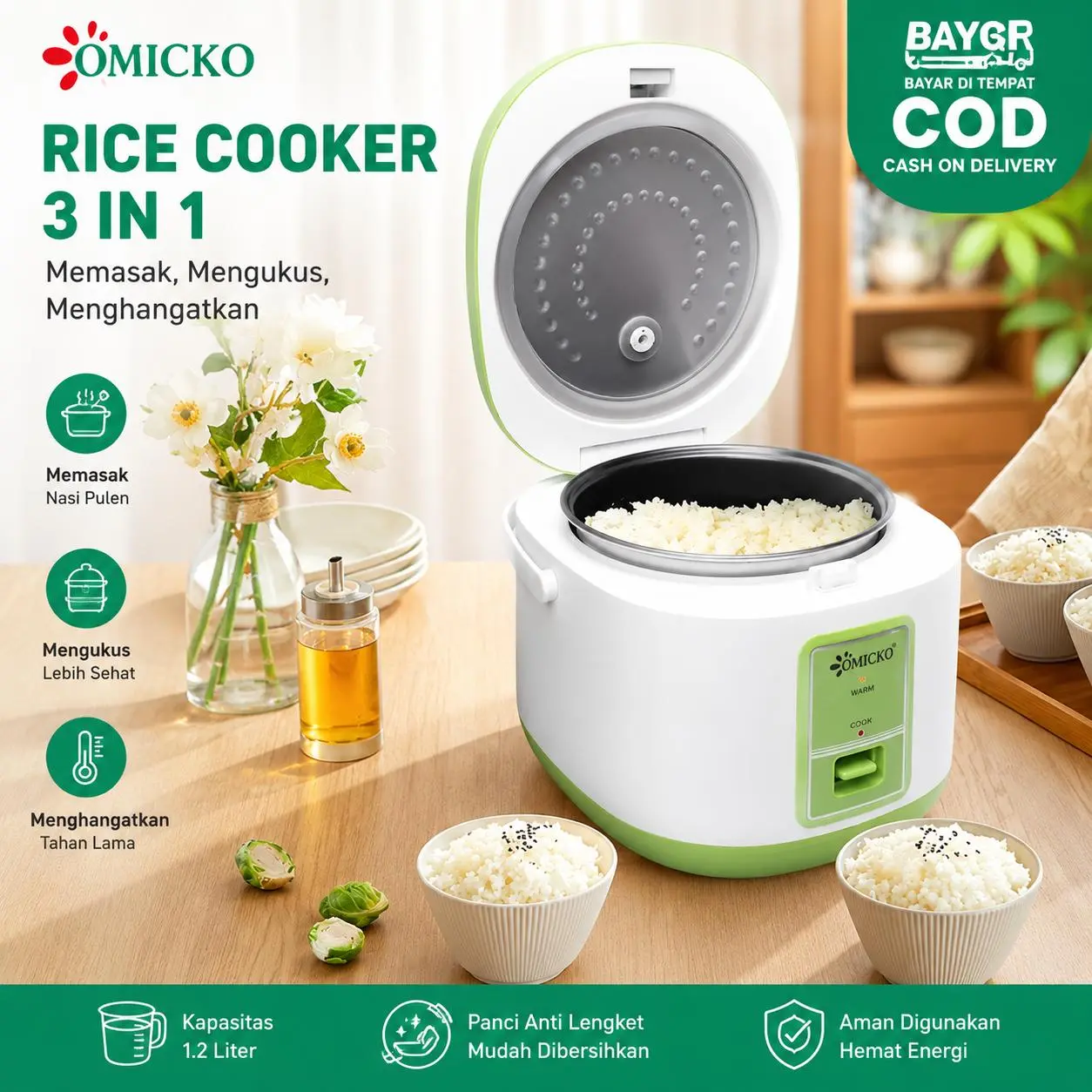 OMICKO MC101PL Rice Cooker 1.2L Penanak Nasi Penghangat dan Pengukus Bisa COD