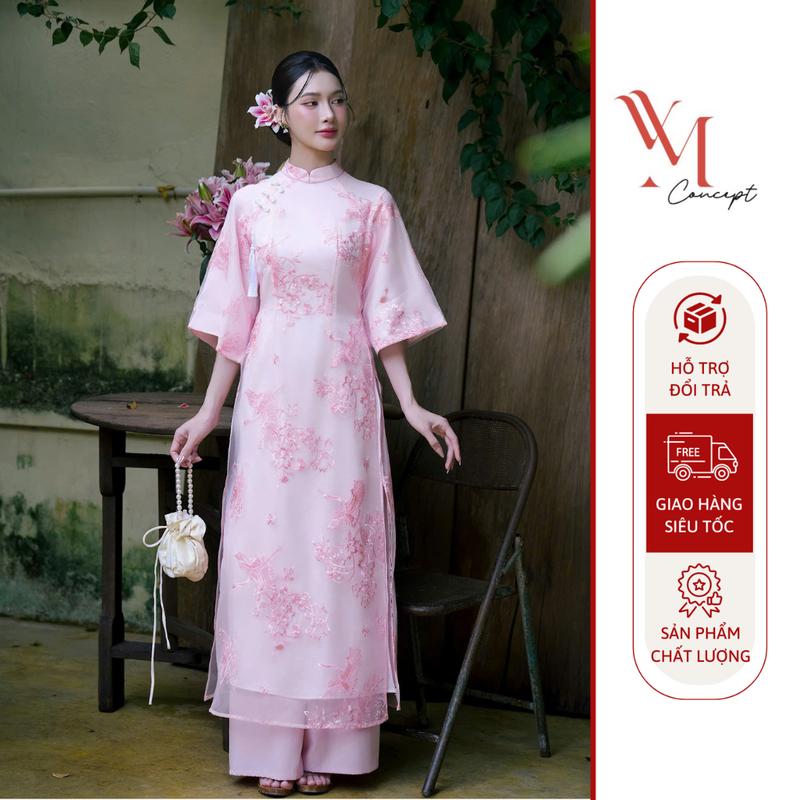 MỚI YM Concept Áo Dài Thêu Hạc Phối Nút Tàu Tay Lửng Tua Rua Kèm Quần - Cách Điệu Nhẹ Nhàng AD1467