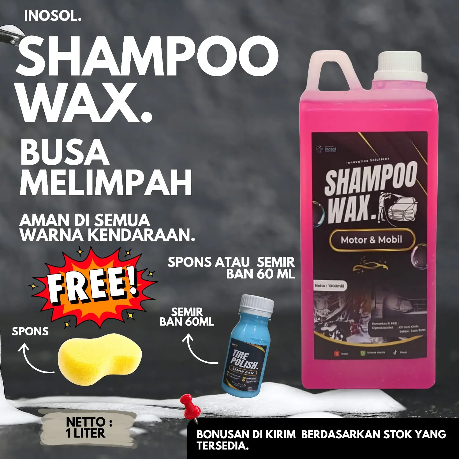 INOSOL Shampoo Wax Motor & Mobil 1 Liter Kemasan Jerigen Rose Pink & Biru Aroma Rose Pink Grenn Apple & Biru Lemon Grass Busa Melimpah Gratis Spons