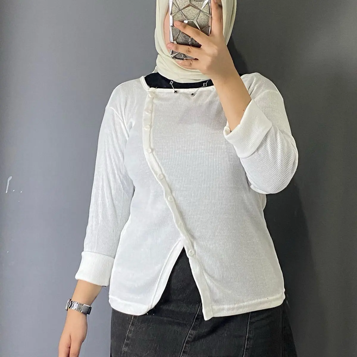 BLOUSE KANCING MIRING ATASAN WANITA KOREA LOOK RIB PREMIUM Top