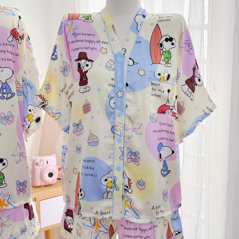 Size 45-75kg Bộ quần áo ngủ Pijama áo cánh dơi quần đùi lụa latin tơ tằm hoạ tiết hoạt hình