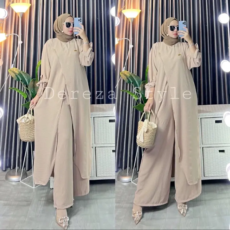 One set tunik dere - zaa style setelan baju dan celana cringkel air flow setelan polos two piece setelan wanita terbaru baju wanita Flare Sleeve Green 2
