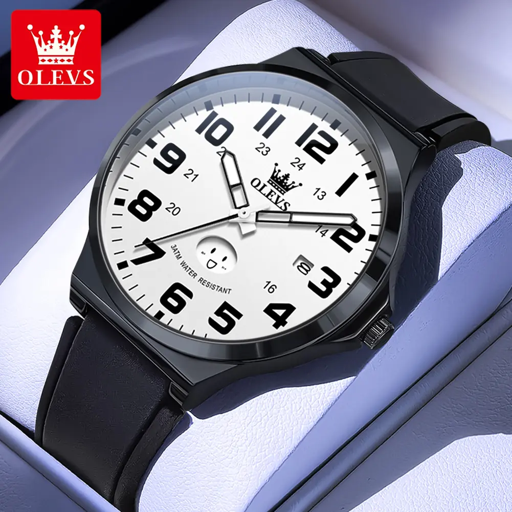 OLEVS Original Quartz Silent Watches for Men Calendar Waterproof Luminous Silicone Strap Students Boys Stainless Steel Watch Gift Fashion Casual Wristwatch with Box 5629