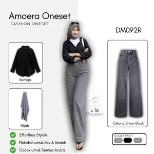 one set rayon polos remaja ( Kemeja basic + Celana Jeans + Hijab + Kacamata hitam ) setelan DM092R Baju Katun Muslim Panjang Wanita Casual Dewasa Atasan Oversize Variasi Bawahan Kulot