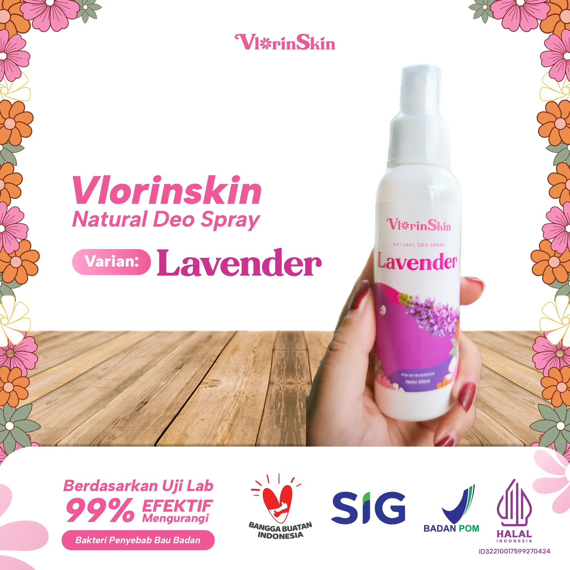 Vlorinskin Deodorant Spray Penghilang Bau Ketiak/Badan, Deo Spray Alami, Deodorant Spray Tawas 100mL
