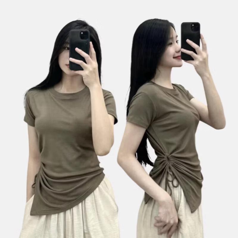 A55 Áo thun nữ tay ngắn dây rút eo vạt chéo nhiều màu phong cách Hàn Quốc size dưới 53kg