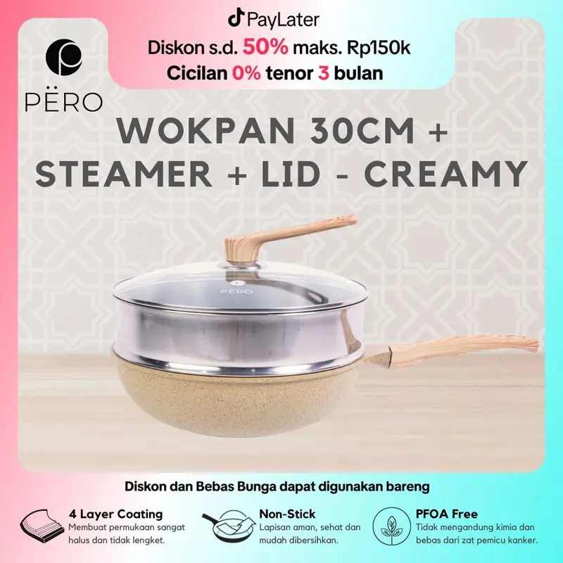 [Exclusive Mak San] Pero Wok Pan 30cm with Glass Lid Wooden Handle Biogranite Non Stick / Wajan Penggorengan Ukuran 30cm dengan Tutup Kaca Handle Kayu Anti Lengket Kitchenware 1