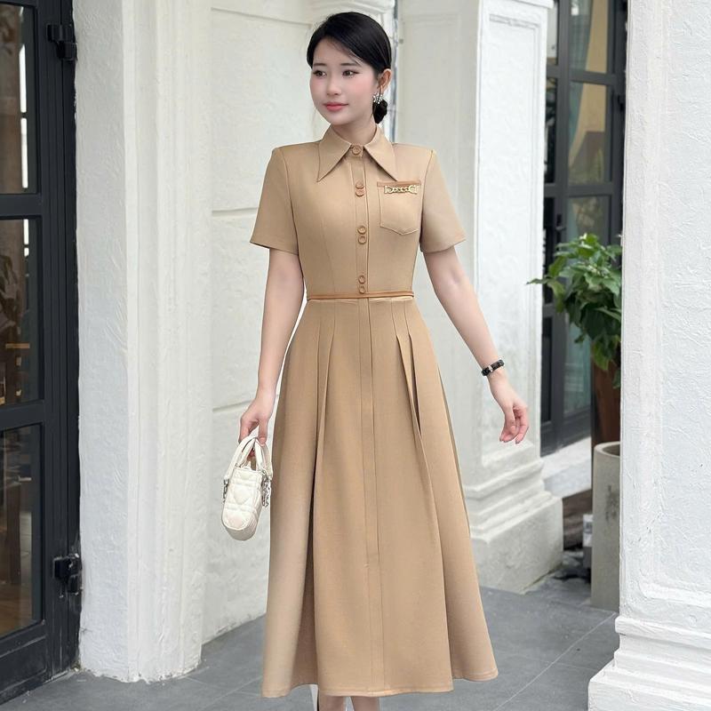 Váy Đầm Thiết Kế Ella Desgin dành cho nữ kiểu dáng midi cổ bẻ phối chamr gắn túi áo phù hợp mặc đi làm đi chơi có bigsize B25
