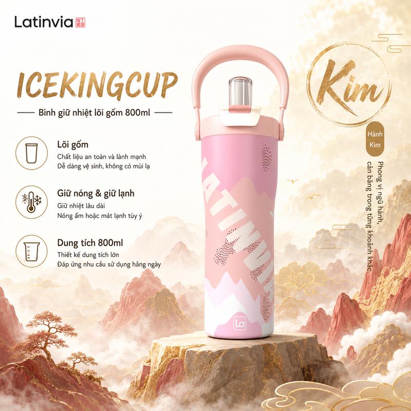 9k [Latinvia x Vinhbanhbo] Bình giữ nhiệt 800ml men sứ cao cấp – 5 màu camo Kim-Mộc-Thủy-Hỏa-Thổ – Ống hút + uống trực tiếp – Quai xách chống trơn – Giữ nhiệt tốt