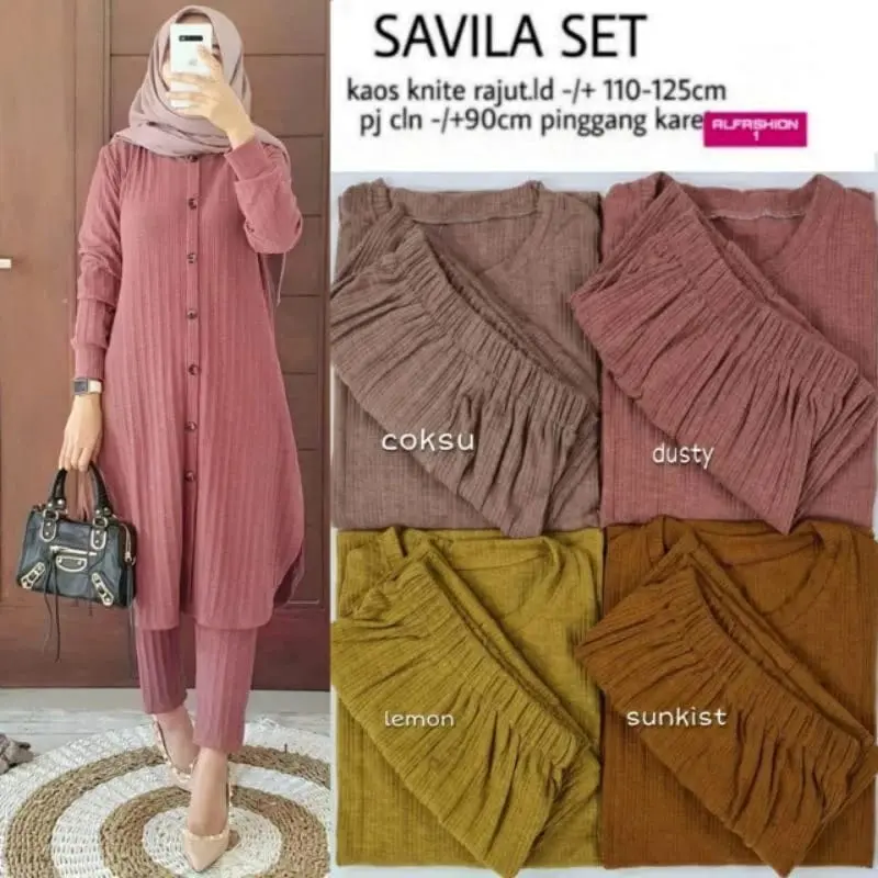 Savila set baju muslim terbaru - setelan wanita baju tunik jumbo full kancing Celana Panjang Kulot 0