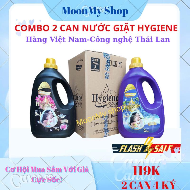 Thùng 2 can Nước giặt xả Hygiene SACOM 3in1 can 2 ký, Công nghệ Thái Lan-hàng Việt Nam chất lượng cao Làm Sạch