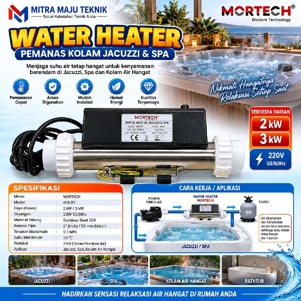 Mortech Water Heater H15-R1 Pemanas Kolam Jacuzzi & Spa 2kW/3kW 220V 50Hz Hemat Energi Aman Digunakan