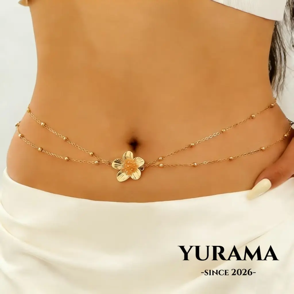 [Yurama] Sabuk pinggang wanita logam bunga telur rantai manik simpel untuk liburan pantai E808