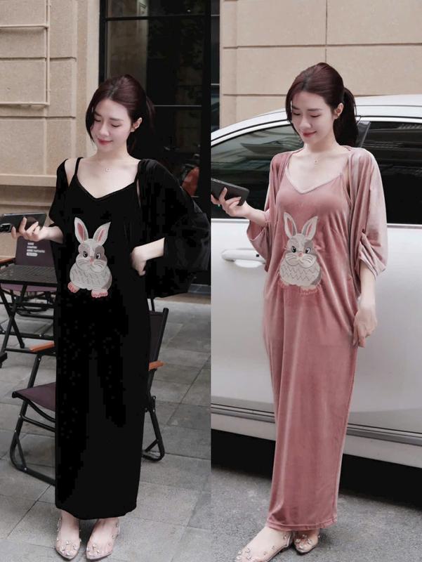 Mina Clothing Set váy nhung thêu hình thỏ SL1 gồm 1 váy 2 dây nhung cổ V + 1 áo cadigan nhung thời trang mẹ bầu mặc đi chơi đi làm Váy bầu Đầm bầu Nữ Women Dress