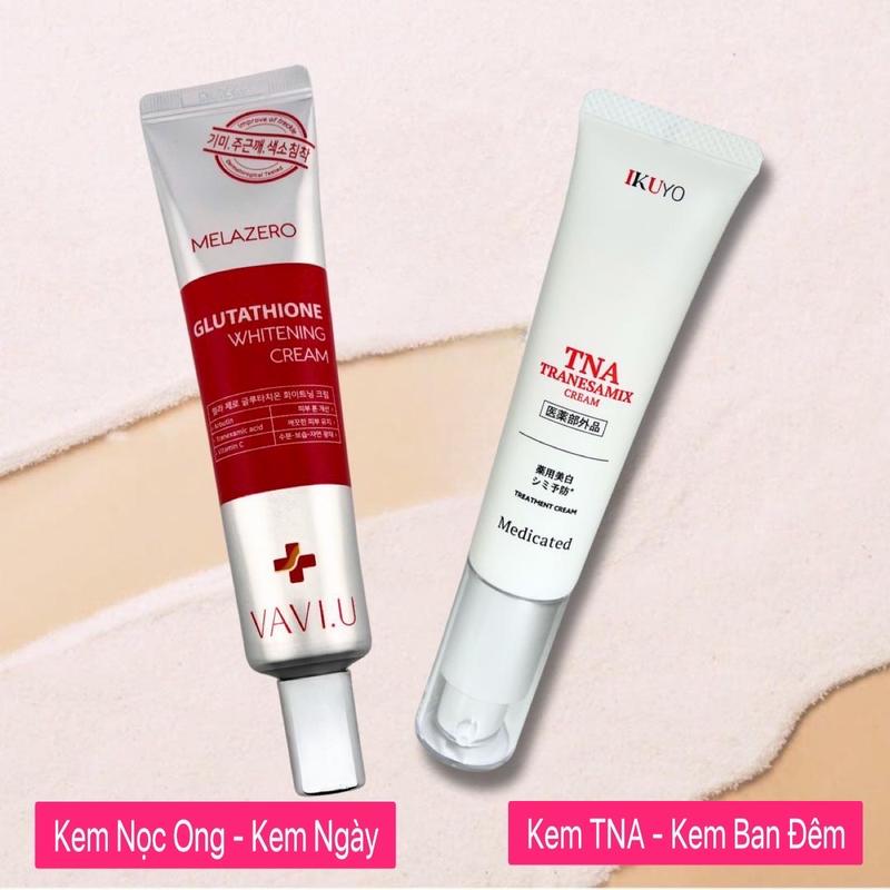 Combo NÁM Ngày Đêm Hỗ Trợ Dưỡng Sáng Giảm Nám Sạm, Tàn Nhang Gồm 1 Kem Nám Nọc Ong Dùng Ban Ngày Và 1 Kem Nám Dùng Ban Đêm tranexamic Axit Nhật Mã SP002050, SP001531