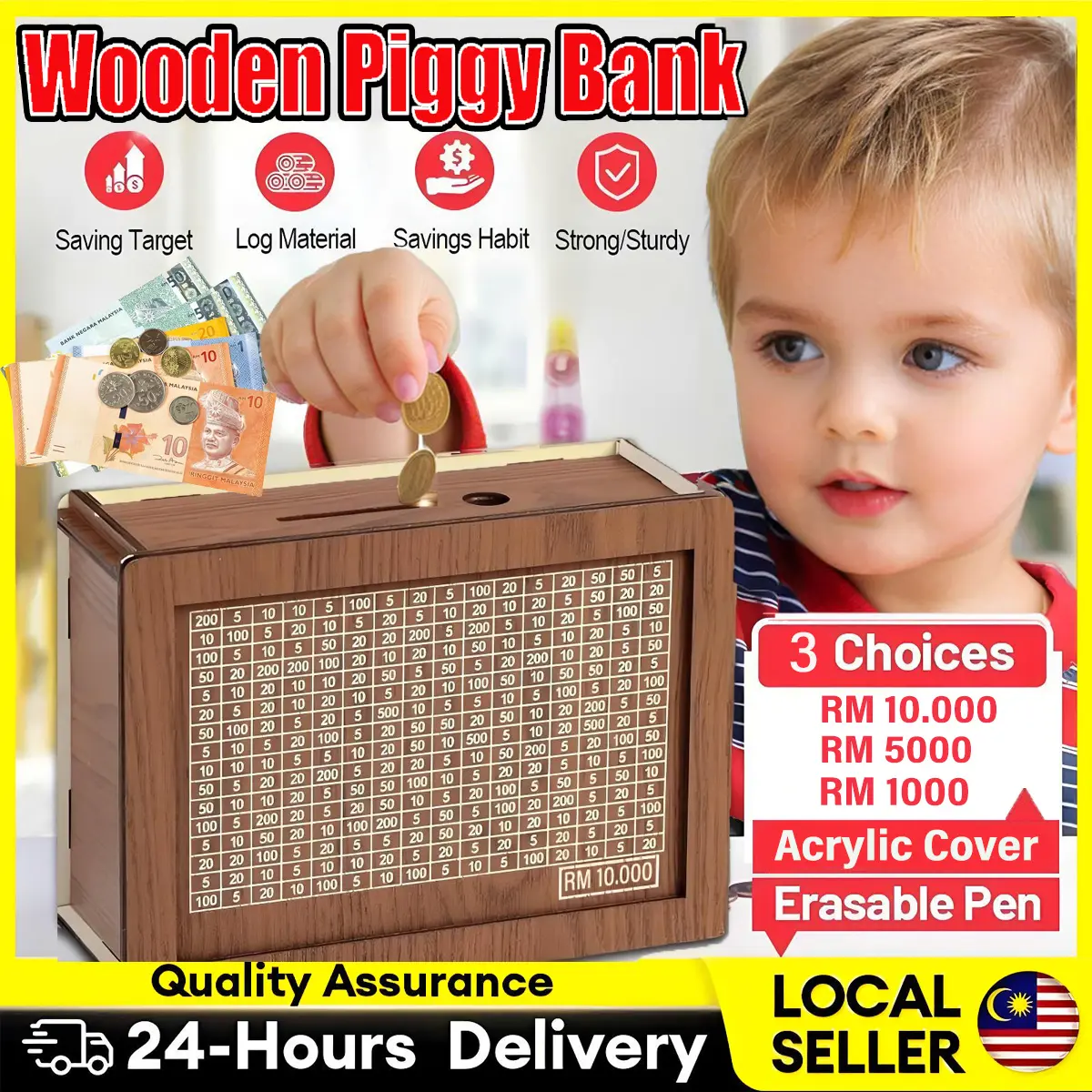 【Free 2pcs Gift】Wood Money Box,Handmade Reusable Piggy Bank,Crafts With Saving Money Goals Counter Wooden Coin Storage