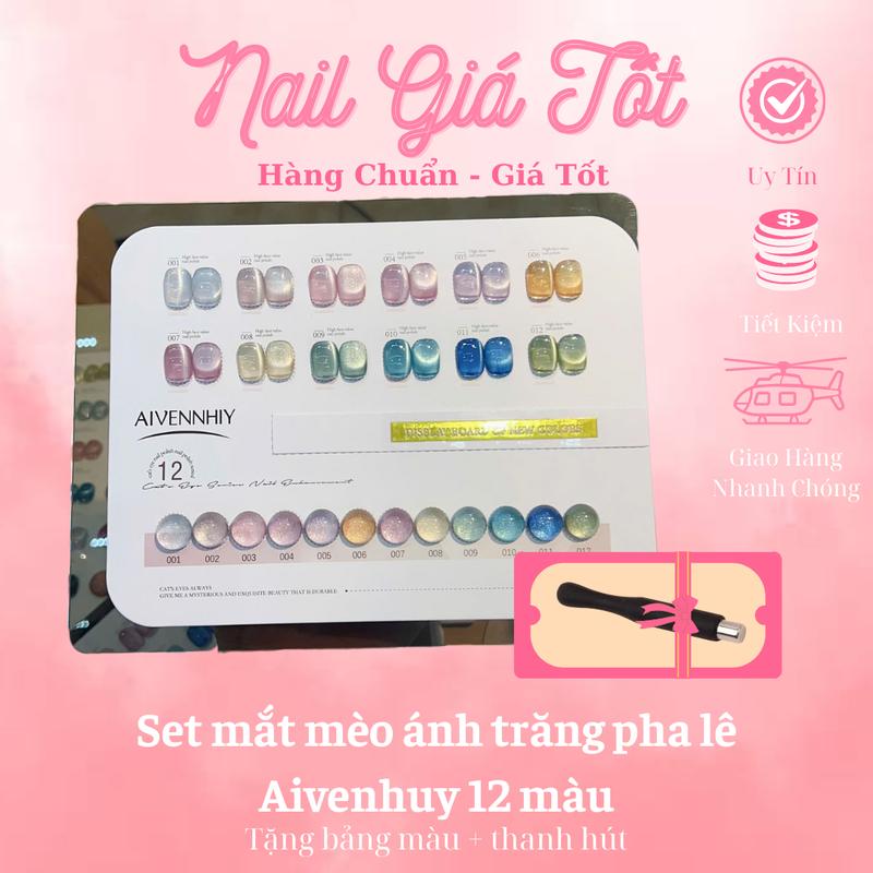 Set mắt mèo AIVENHUY chính hãng - Set mắt mèo pha lê 12 màu siêu sáng ( tặng bảng màu + thanh hút ) [ Nail Giá Tốt ]