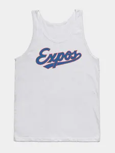Expos Name Men'S & Women'S Soft Tank Top - White with Blue & Red Expos Lettering, Casual Round Neck Short Sleeve Shirt, Sustainably Printed in Canada, All-Season Comfort, Great Gift for Him, Her or Friends, Unisex Casual Attire, Comfortable Clotowpcaamagx