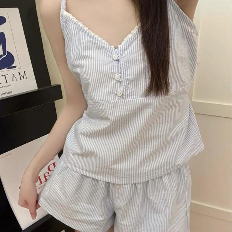 TTCcy063 Store Mới Bông Bộ đồ ngủ sọc Bộ Quần Áo Mặc Ở Nhà Bộ đồ ngủ mặc ở nhà Đồ ngủ mùa hè có đệm Đồ ngủ nữ dành cho phụ nữ và thiếu nữ