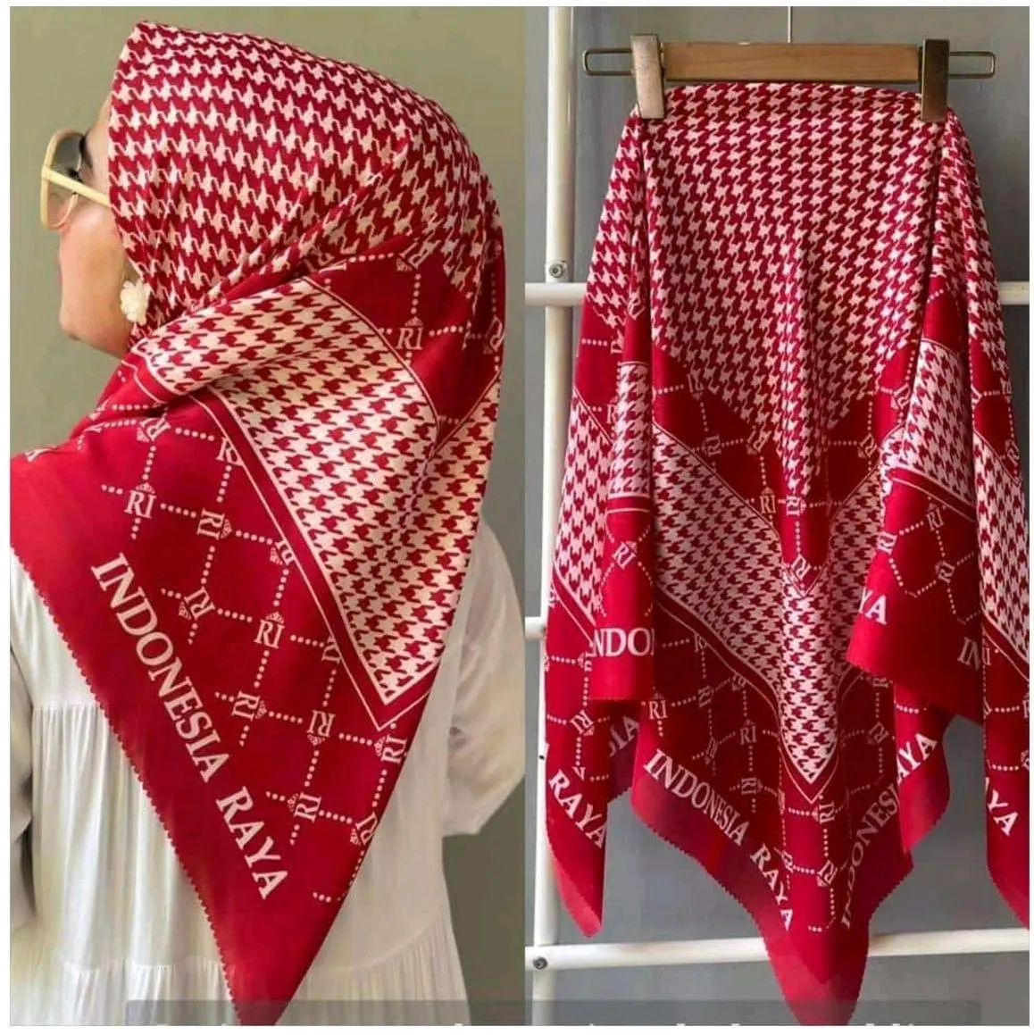 Jilbab Segiempat Motif Voal Merah Putih Laser Cut