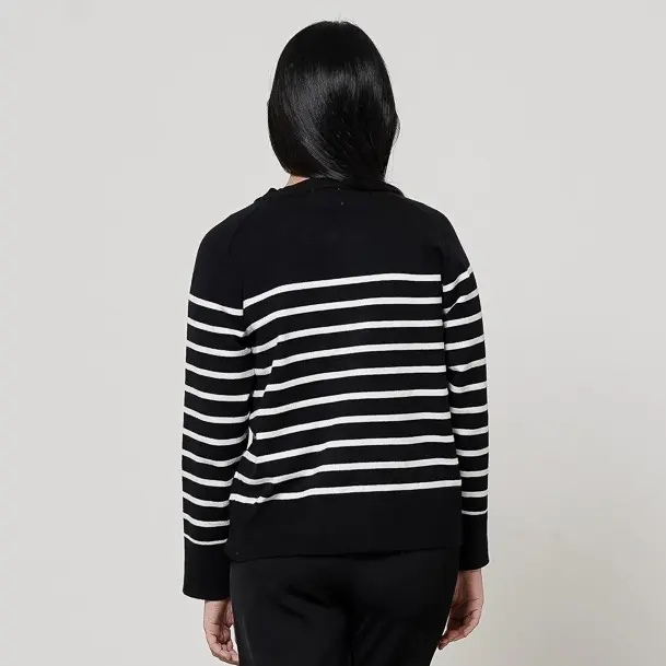 This Is April Outer Wanita Knit Lengan Panjang Striped Aurelie Cardigan Ivory dan Black 8