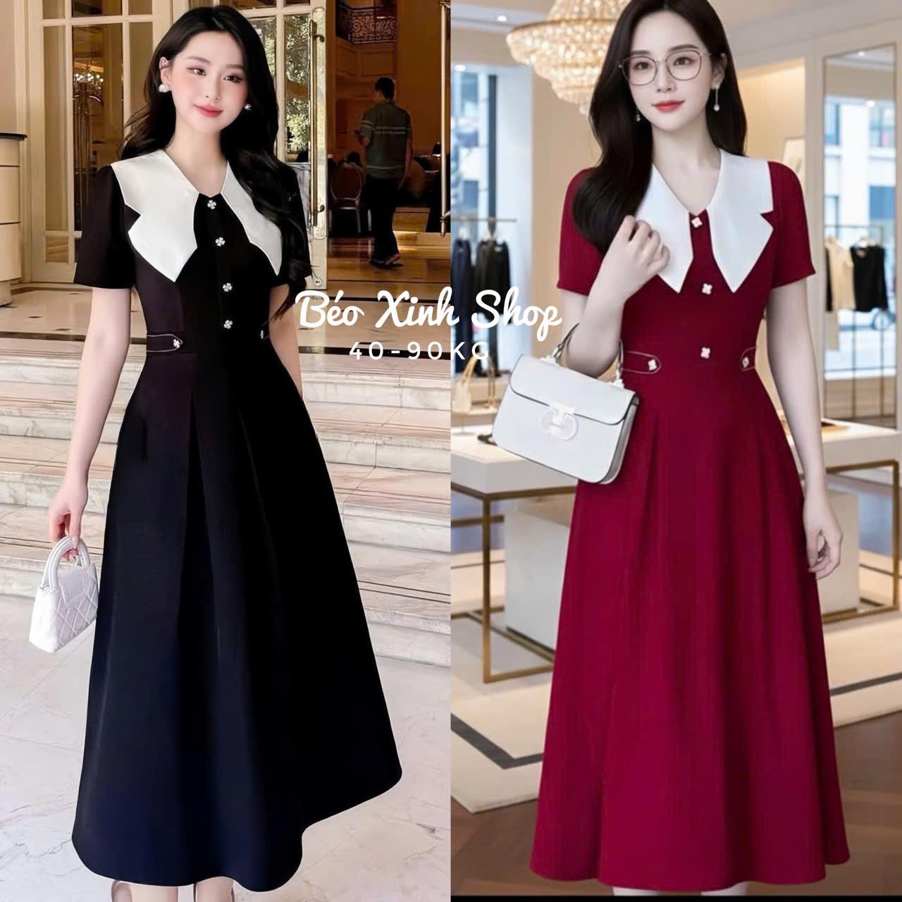 Váy Dự Tiệc Nữ Cổ V Phối Nút Hoa Vải Cotton Lạnh Cao Cấp Thanh Lịch Bigsize Từ 40 - 95Kg Thời Trang Nữ Béo Xinh Shop - A.1547