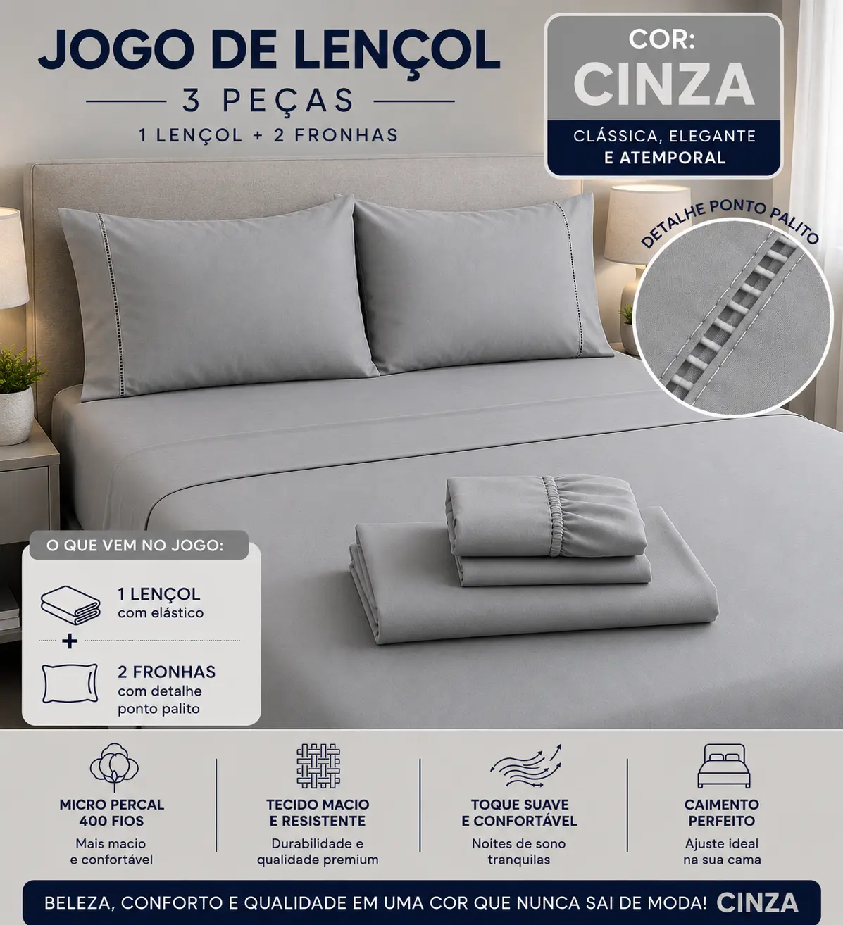 5 Kits Lençol 400 Fios + 2 Fronhas casal solteiro 1 fronha Toque de Hotel Percal | King Queen Casal Solteiro - 4